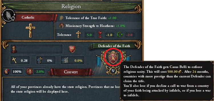 “Defender of the Faith” Button in the Religion Tab / Europa Universalis IV