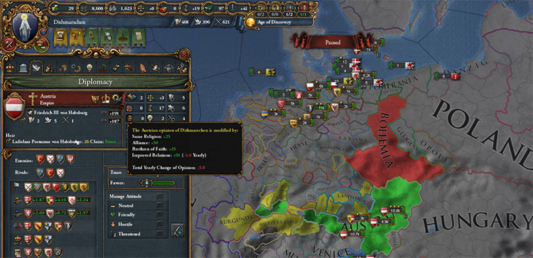 Allying Austria early on in a Dithmarschen campaign. / Europa Universalis IV