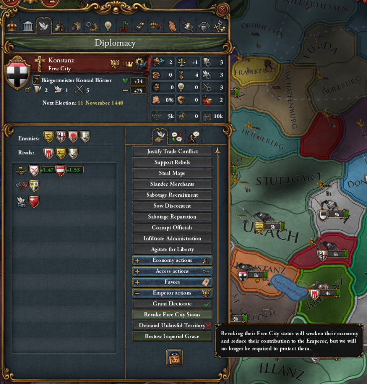 The Revoke Free City Status, located under the “emperor actions” in the diplomacy tab. / Europa Universalis IV