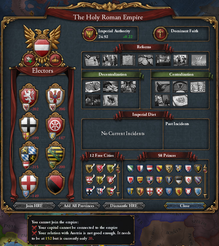 The “Join HRE” button on the bottom left of the HRE UI. / Europa Universalis IV