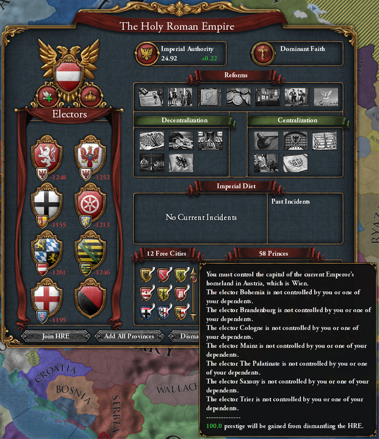 HRE UI. “Dismantle Empire” on the bottom will show the necessary capitals when you hover over it. / Europa Universalis IV