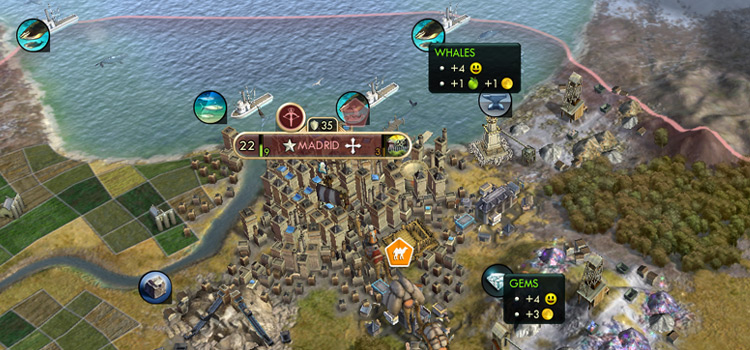 Spain has whales and gems (both produce happiness) in Civ V