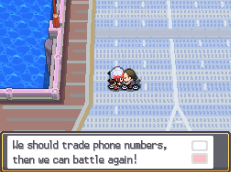 Biker Reese offering to swap numbers with the player after being defeated in battle / Pokémon HGSS