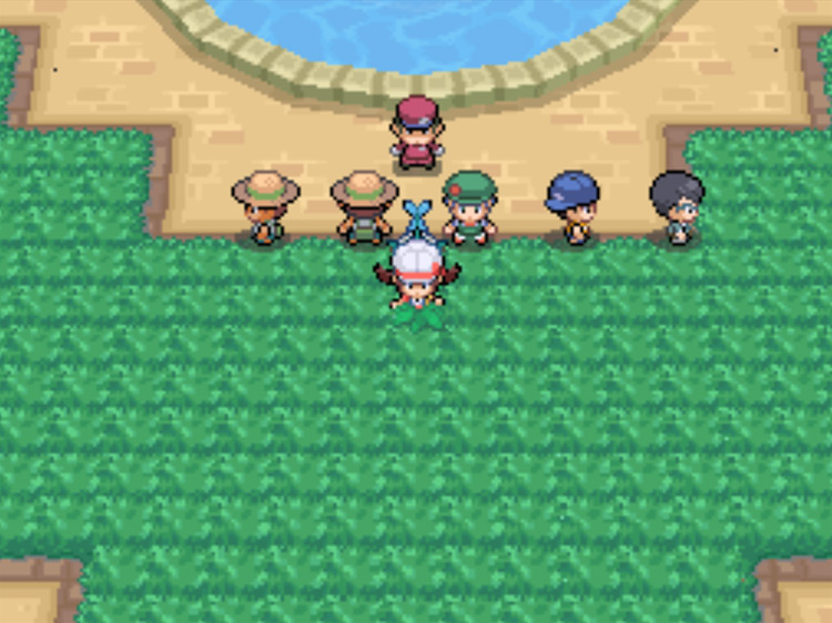 The competitors assembled for the final judging of the Bug-Catching Contest / Pokémon HeartGold and SoulSilver
