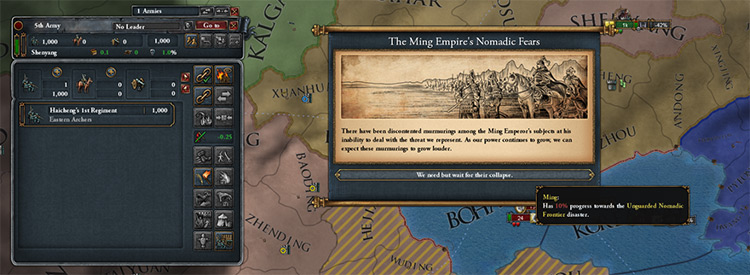 Events will periodically notify you of the disaster's progress. At 100% the disaster will devastate Ming. / Europa Universalis IV