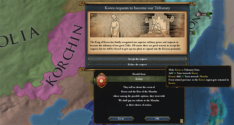The event that allows you to make Korea a tributary. / Europa Universalis IV