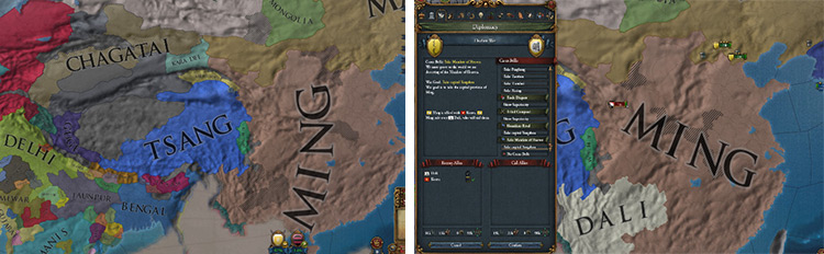 Left: Expanding into Chagatai while rebels ravage China. Right: Declaring on Ming when the truce ends. / Europa Universalis IV