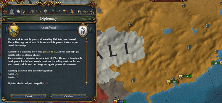 0 cost when annexing Dali, as I have cores on all their land. / Europa Universalis IV
