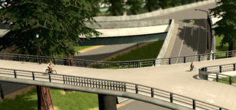 Cyclists riding on elevated bike path in Cities: Skylines