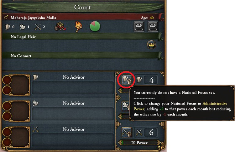 Setting a National Focus in the Court Tab / EU4