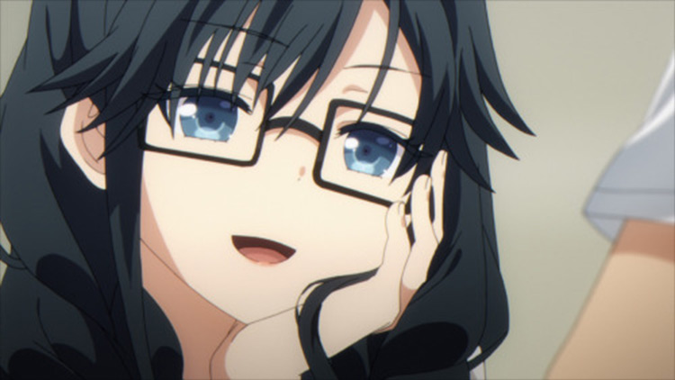 anime girl with black hair and glasses