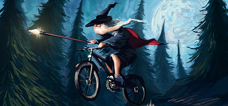 Wizard riding a bike - digital painting by Tom McGrath
