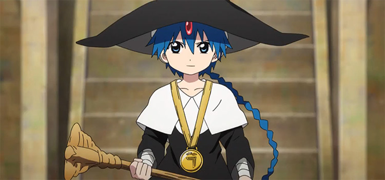 Cartoon character holding a sword with blue hair