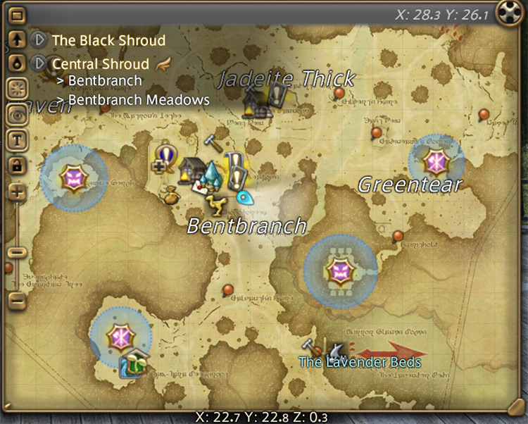 FATEs on the map (screenshot) in FFXIV