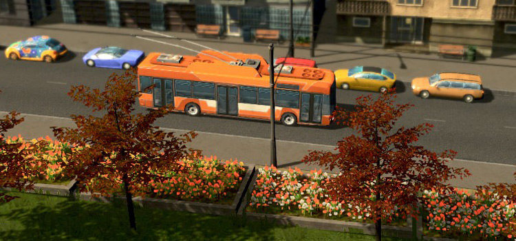 Trolleybus driving down a road in Cities: Skylines