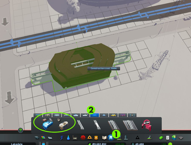 Go to the transport menu (1) and click the monorail tab (2) to find the stations / Cities: Skylines