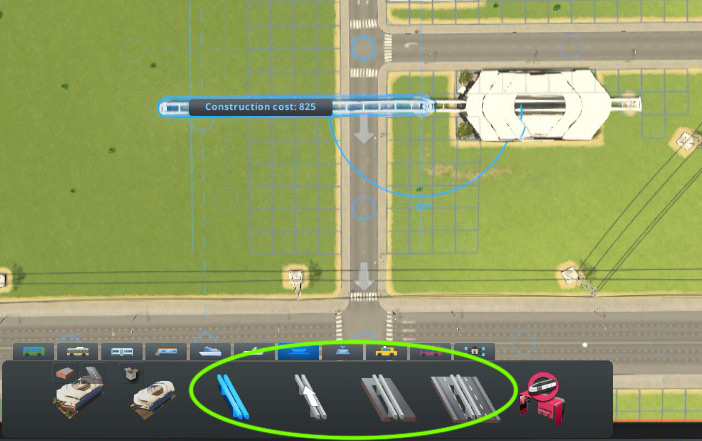 The monorail track options: the basic monorail tracks, one-way tracks, and the above-road tracks on two-lane or four-lane road / Cities: Skylines