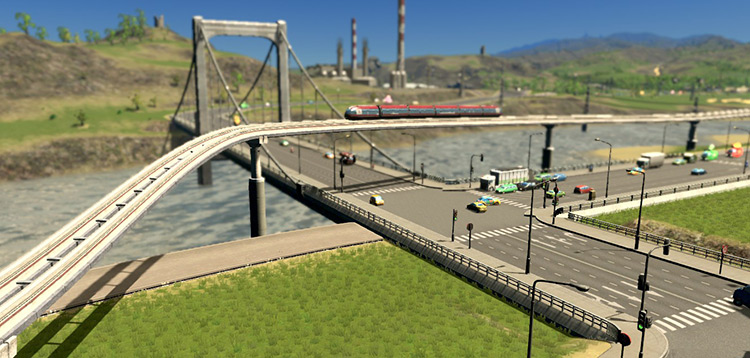 These tracks are raised a bit higher to provide clearance for the bridge underneath / Cities: Skylines