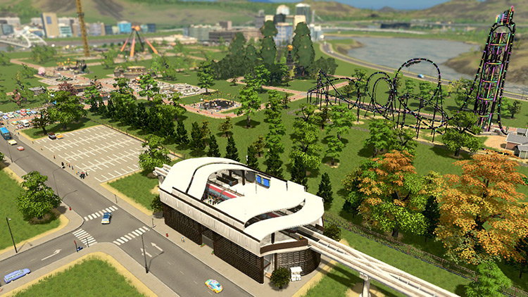 A monorail station near an amusement park / Cities: Skylines