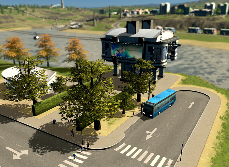 Having a bus stop or metro station nearby allows your cable car line to be better integrated into your transport system / Cities: Skylines
