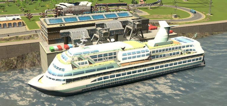 Cruise Ship docked at a harbor in Cities: Skylines