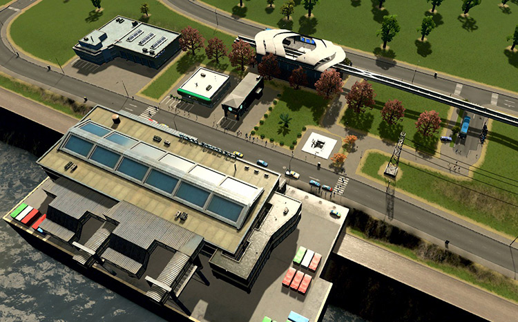 A metro station, monorail station, and bus stop all cater to the passengers coming in through this harbor. / Cities: Skylines