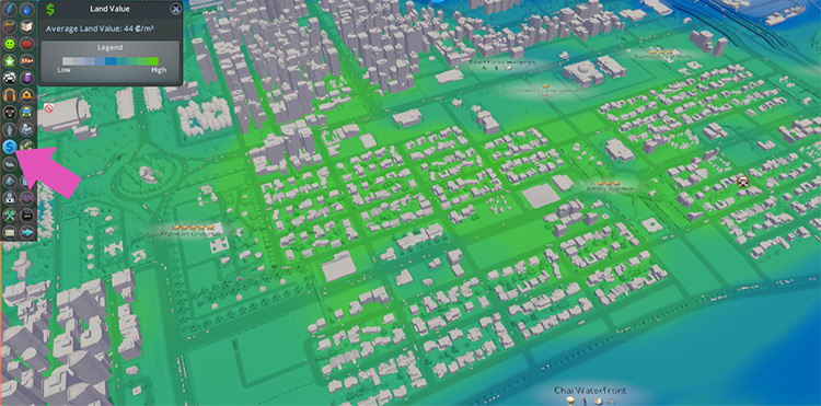 The land value info view. The brighter the shade of green, the better. / Cities: Skylines