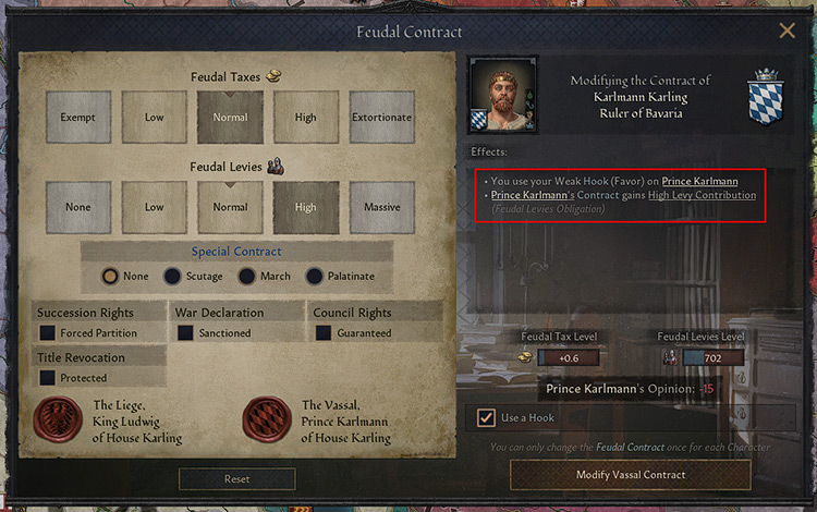 Using a Weak Hook when modifying your vassal’s Feudal Contract will not incur in Tyranny. / CK3