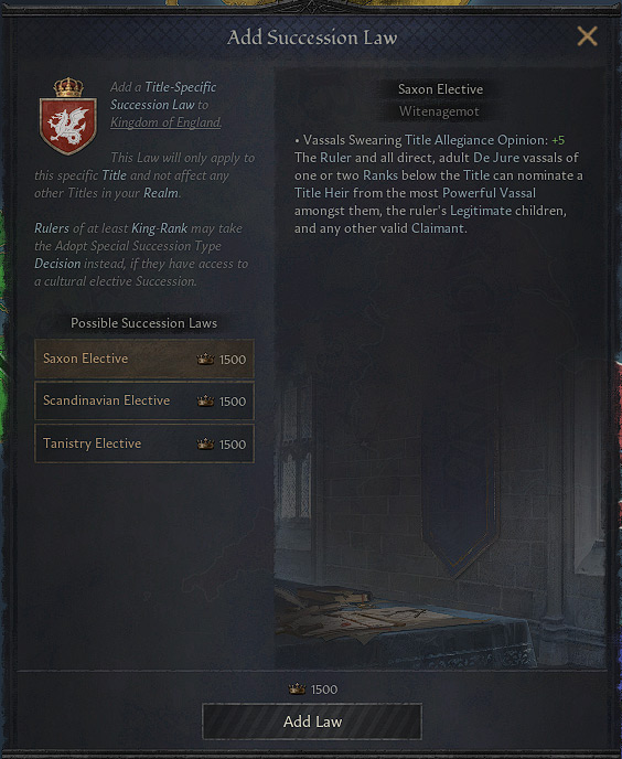 The interface for adding Succession Laws / CK3