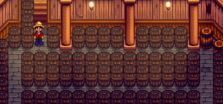 A cellar full of casks in Stardew Valley