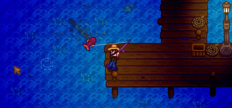Fishing up a Crimsonfish in Stardew Valley