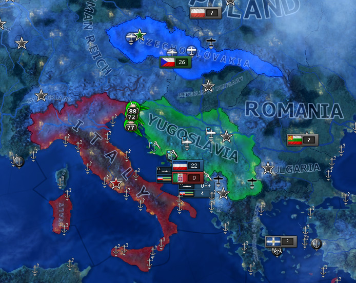 As we can see, there is no way for the Czechoslovak troops to reach Italy or Czechoslovakia’s ally, Yugoslavia. / Hearts of Iron IV