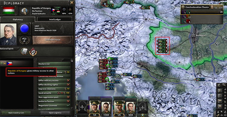 After granting Czechoslovakia Military Access, their troops can now move through Hungary and reach Yugoslavia for help against Italy. / Hearts of Iron IV