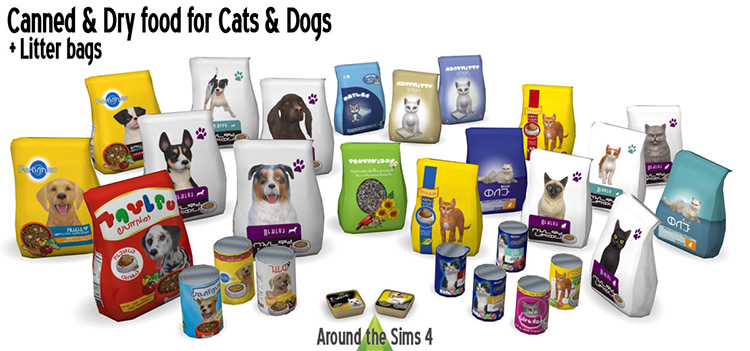 Canned & Dry Food for Cats & Dogs + Litter Bags by Around the Sims 4 / TS4 CC