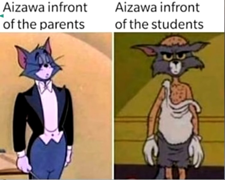 Aizawa in front of parents vs. Aizawa in front of students meme