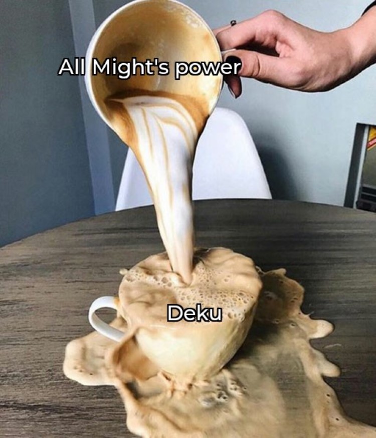All mights power, puring coffee into cup meme