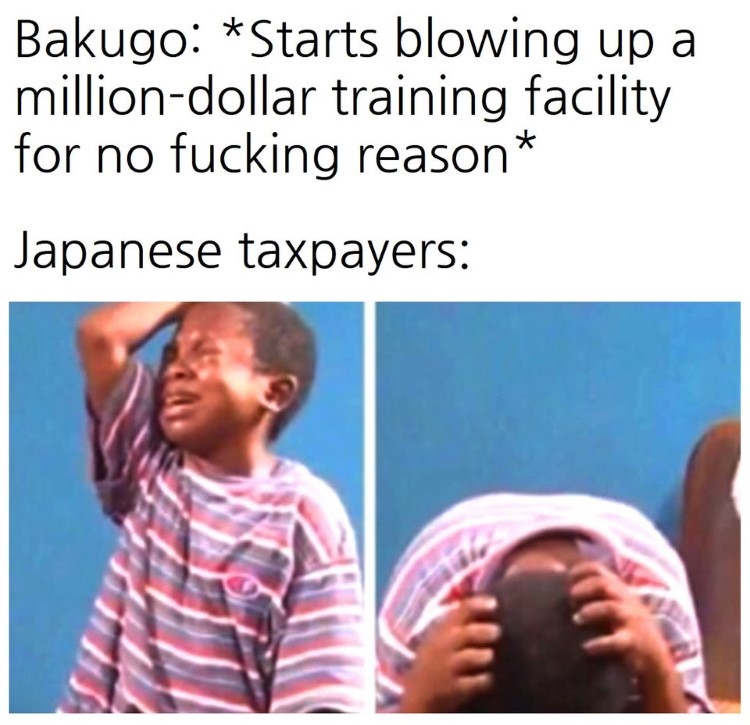 My Hero Academia, Bakugo blowing up multi-million dollar training facility meme