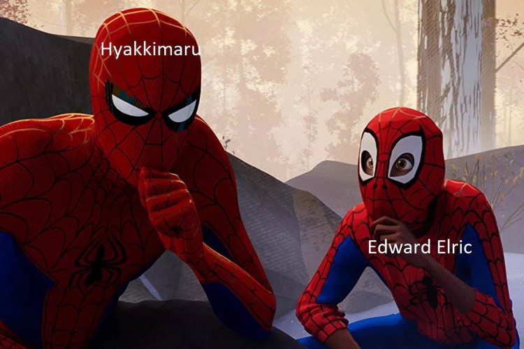 Hyakkimaru and Edward Elric studying Spiderman meme