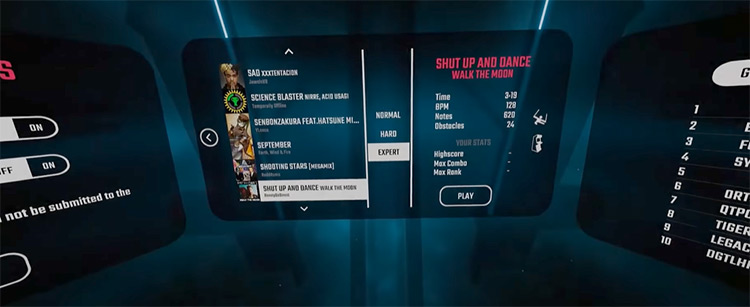 Shut Up and Dance Beat Saber song selection menu screenshot