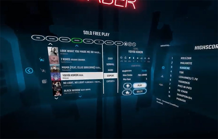 YoiYoi Kokon – REOL Beat Saber song selection menu