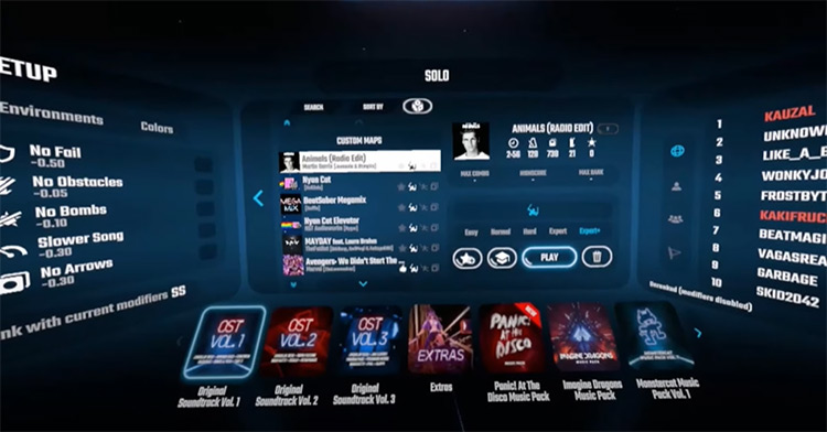 Animals Beat Saber song selection menu screenshot