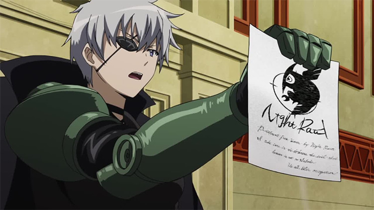 A white haired young anime boy, blindfolded, grey ci