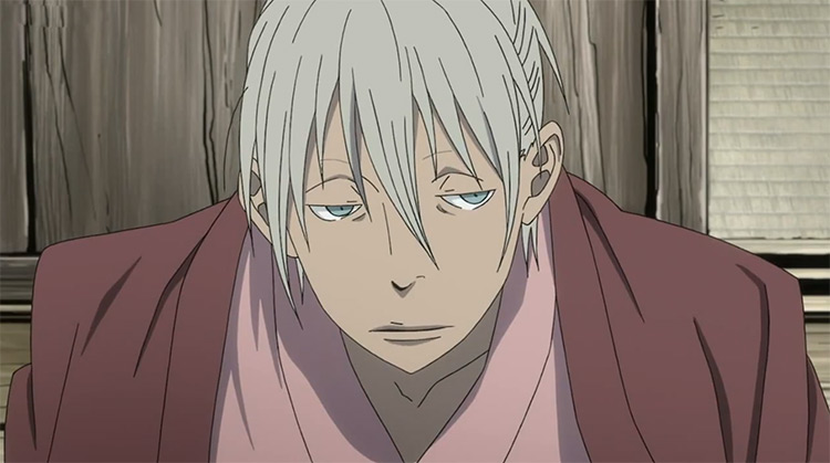 A white haired young anime boy, blindfolded, grey ci