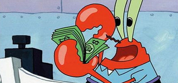 Mr Krabs counting money smiling