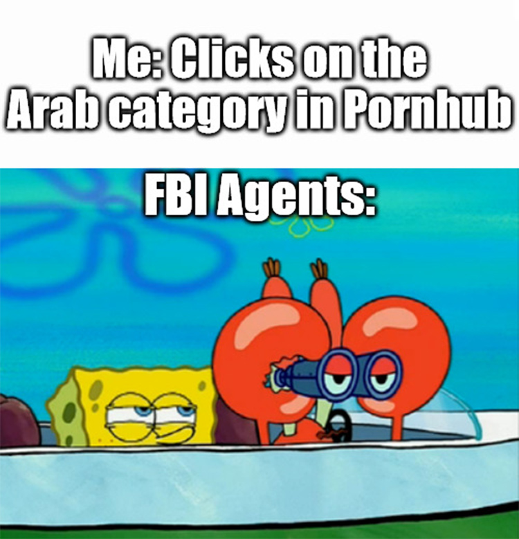 Mr Krabs spying with FBI agent meme