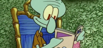 Squidward smiling while reading