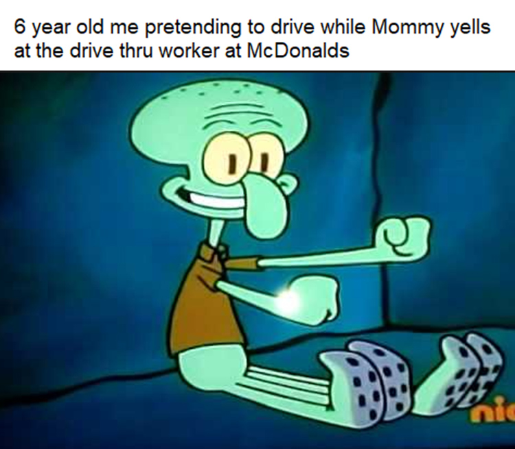 Pretending to drive in the car - Squidward meme