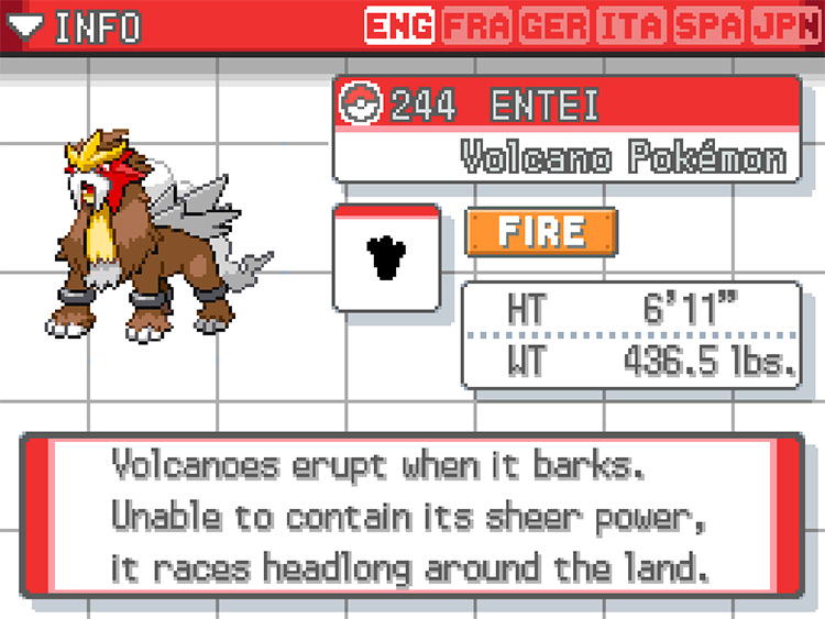 Entei Pokedex in Pokemon HeartGold screenshot