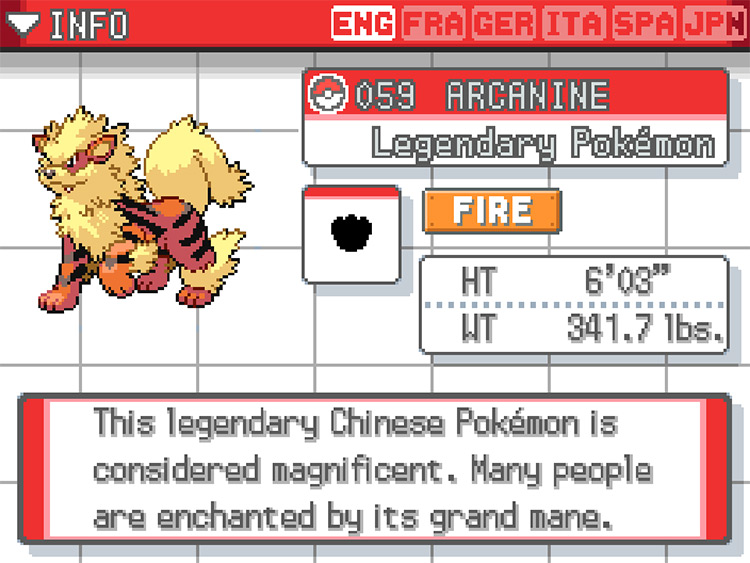 Arcanine Pokedex in Pokemon HeartGold screenshot