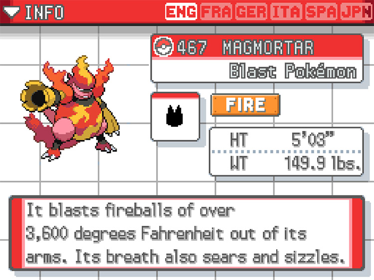 Magmortar Pokedex in Pokemon HeartGold screenshot